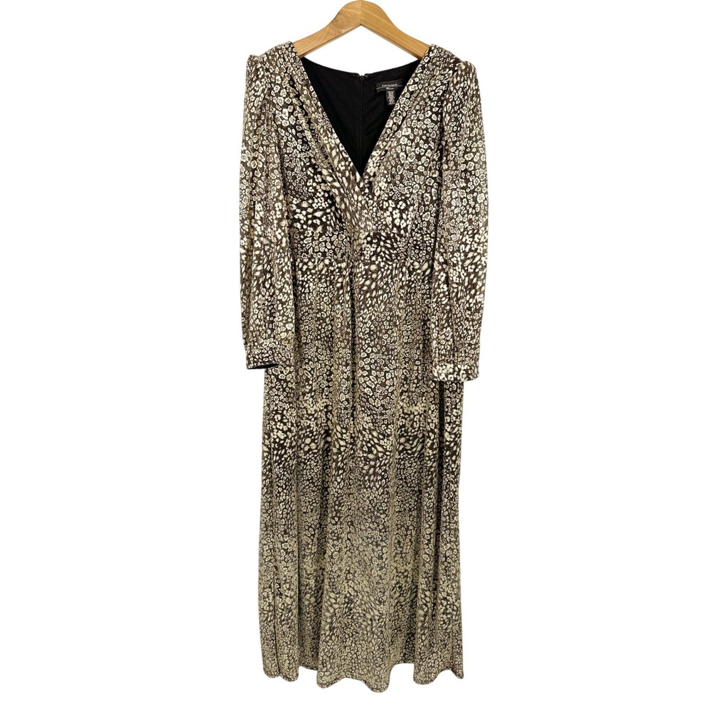 R&M‎ Richards Gold Metallic Leopard Mesh Long Sleeve Maxi Dress Plus Size 20W